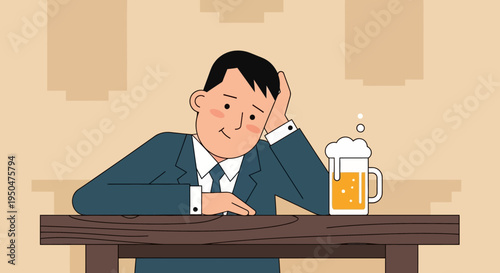 Man in Suit with Beer, Feeling Down or Reflective at Bar