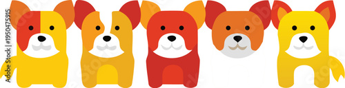Colorful cartoon dogs in different shades of yellow and red with white snouts and black noses standing on white background  cute animal graphics