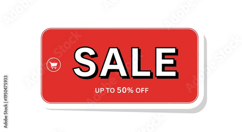 Red Sale Tag with Shopping Cart Icon and 50% Off Discount - Retail Promotion