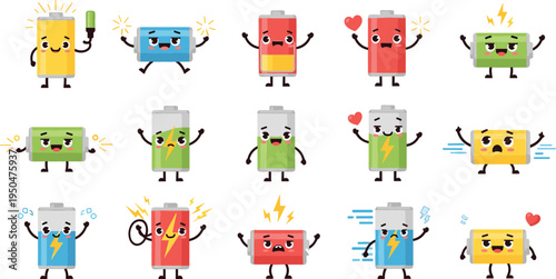 Cute Cartoon Battery Character Set with Happy Energy Cells, Charging Power Mascots, and Funny Electricity Icons for Technology, Kids Education, and Energy Design