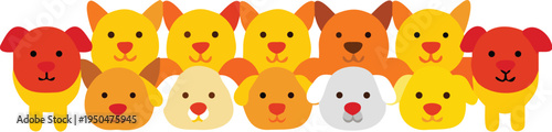 Colorful cartoon dogs in various shades of yellow orange and red standing in two rows with happy expressions and transparent background