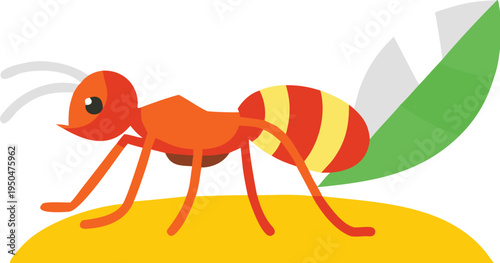A cartoonish illustration of a red ant on a yellow surface with a green leaf