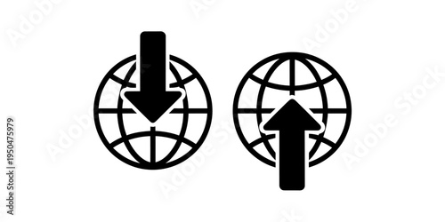 Black icons of globe with up and down arrows on white background