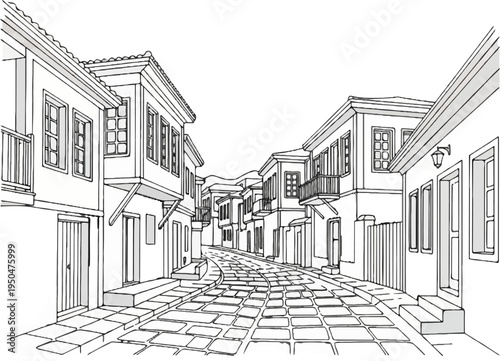A charming, narrow, stone-paved street lined with old-fashioned houses