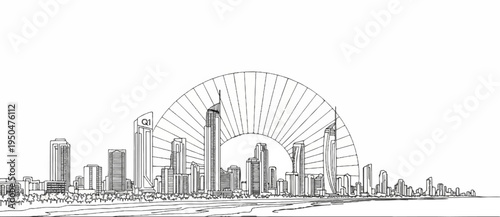 A line drawing of a coastal city skyline with a fan-shaped sunburst design