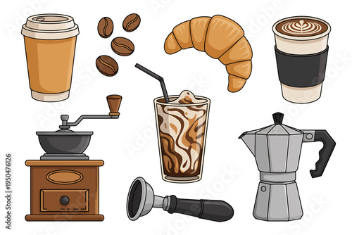 Cartoon coffee and pastry items on white background for cafe concepts