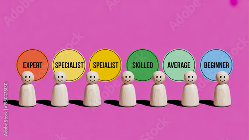 A group of wooden figures with smiley faces and skill level labels