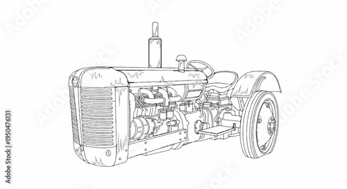 A line drawing of a vintage tractor with an engine, grille, and large rear wheels