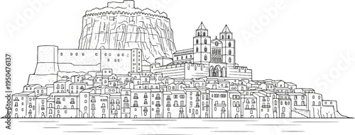 A monochromatic sketch of a coastal town with a fortress on a cliff