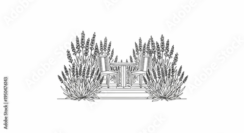 Two chairs and a round table sit amidst lush lavender plants, creating a serene outdoor seating area