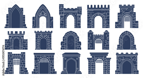 Collection of Stone Castle Gateways and Arches in Silhouette