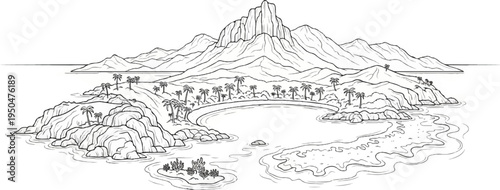 A serene island paradise with lush palm trees and majestic mountains