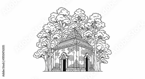 Ancient brick structure nestled amongst dense trees in a line drawing