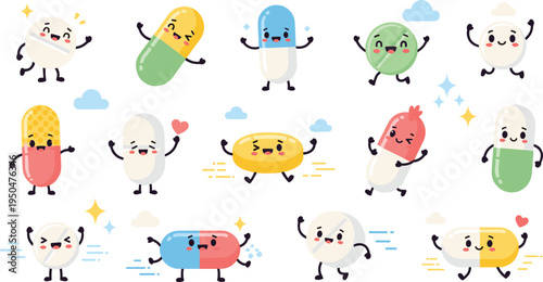 Cute Cartoon Medicine Pills Character Set with Happy Capsules, Tablets, and Funny Pharmaceutical Mascots for Healthcare Illustrations, Kids Medical Education, and Pharmacy Designs
