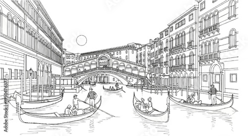 A black and white sketch of Venice canals with gondolas and historic buildings