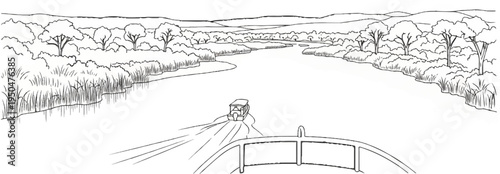 Boat travels down a winding river through lush vegetation and hills