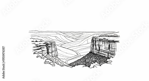 Sketch of a vast, layered canyon with a winding path and rocky cliffs