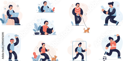 Man performing various daily activities, digital art