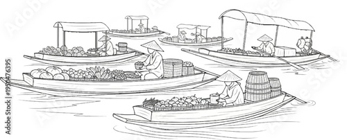 Sketch of a busy floating market with boats filled with produce and people