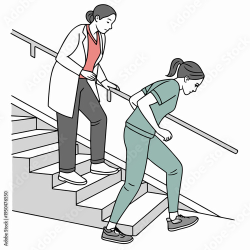 A medical professional assisting a patient down a staircase with support