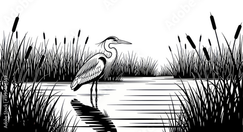 Heron Bird Standing in Water Among Reeds, Black and White Illustration