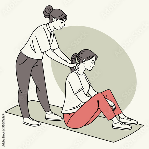 A physical therapist providing a neck massage to a seated patient on a yoga mat in a minimalist setting