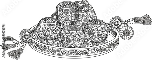 Ornate, decorative dice adorned with intricate patterns and auspicious characters, resting on a tray