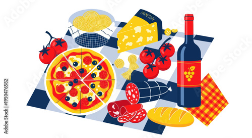 Italian Food Picnic: Pizza, Pasta, Wine, Cheese, Salami, Tomatoes, Bread