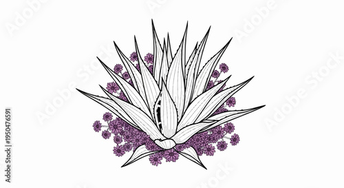 Detailed illustration of a spiky succulent surrounded by small purple flowers