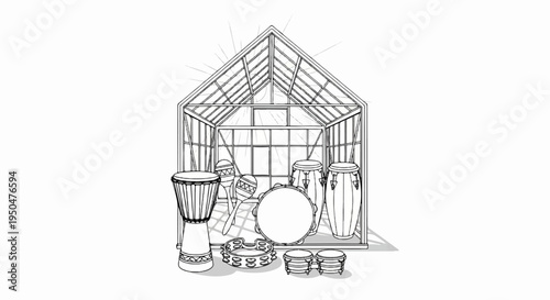 A collection of musical instruments arranged inside a greenhouse-like structure
