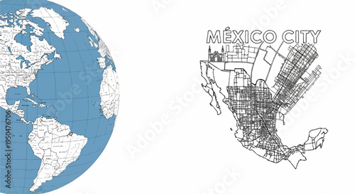 A globe shows North and South America, while a city map highlights its urban layout