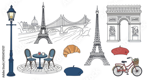 Parisian Icons: Eiffel Tower, Arc de Triomphe, Cafe, Croissant, Bicycle