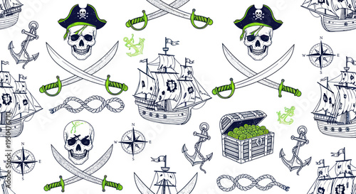 Pirate Pattern: Skulls, Ships, Swords, Treasure Chest, Anchors, Compass