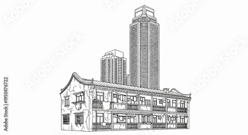 Old and new buildings stand side by side in an urban sketch