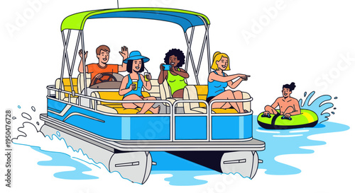 Pontoon Boat Fun: Diverse Group Enjoys Summer Lake Activity with Tubing