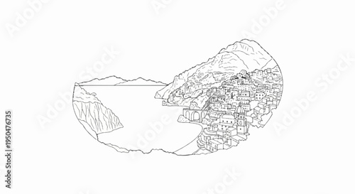 Sketch of a coastal town nestled on a steep hillside by the sea