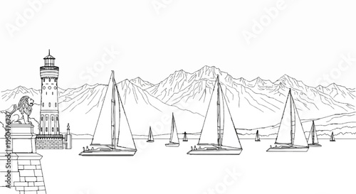 Sailboats navigate a bay with a lighthouse and lion statue against mountains