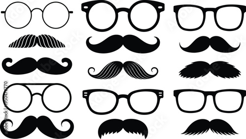 Collection of cartoon mustaches and glasses, hipster accessories, graphic elements