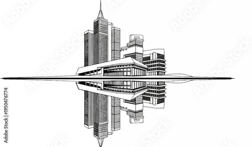 A stark, graphic illustration of a modern city skyline reflected in water