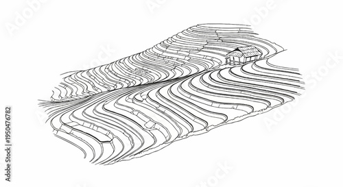Hand-drawn sketch of cascading rice terraces with a small hut