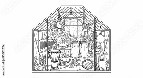 A greenhouse filled with musical instruments and lush green plants