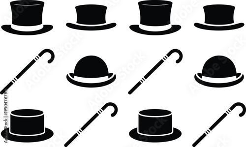Top Hats and Canes Icons Set - Vintage Gentleman Accessories with Top Hat