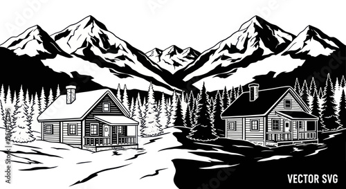 Rustic Cabins in Snowy Mountain Landscape, Vector Illustration