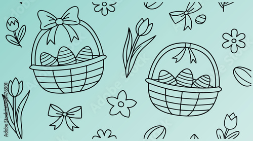 Easter eggs in baskets with flowers and bows on a springtime background  seasonal holiday illustration
