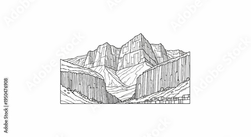 Striking illustration of a vast mountain range with dramatic vertical rock formations
