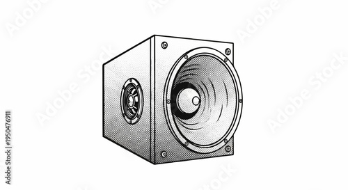 A black and white illustration of a chunky speaker cabinet with two drivers