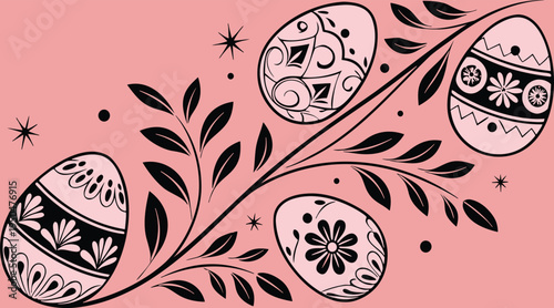 Easter eggs with floral patterns on pink background with leaves and stars