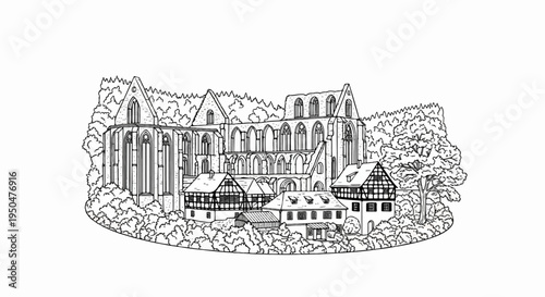 Line drawing depicts an ancient stone ruin beside timber-framed homes and trees