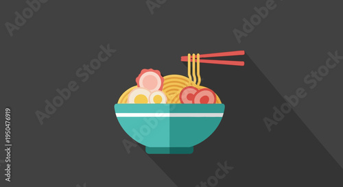 Flat design ramen bowl with chopsticks, illustration of Japanese noodles and toppings