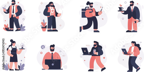 Stylized flat illustrations of diverse individuals in various professional and daily activities